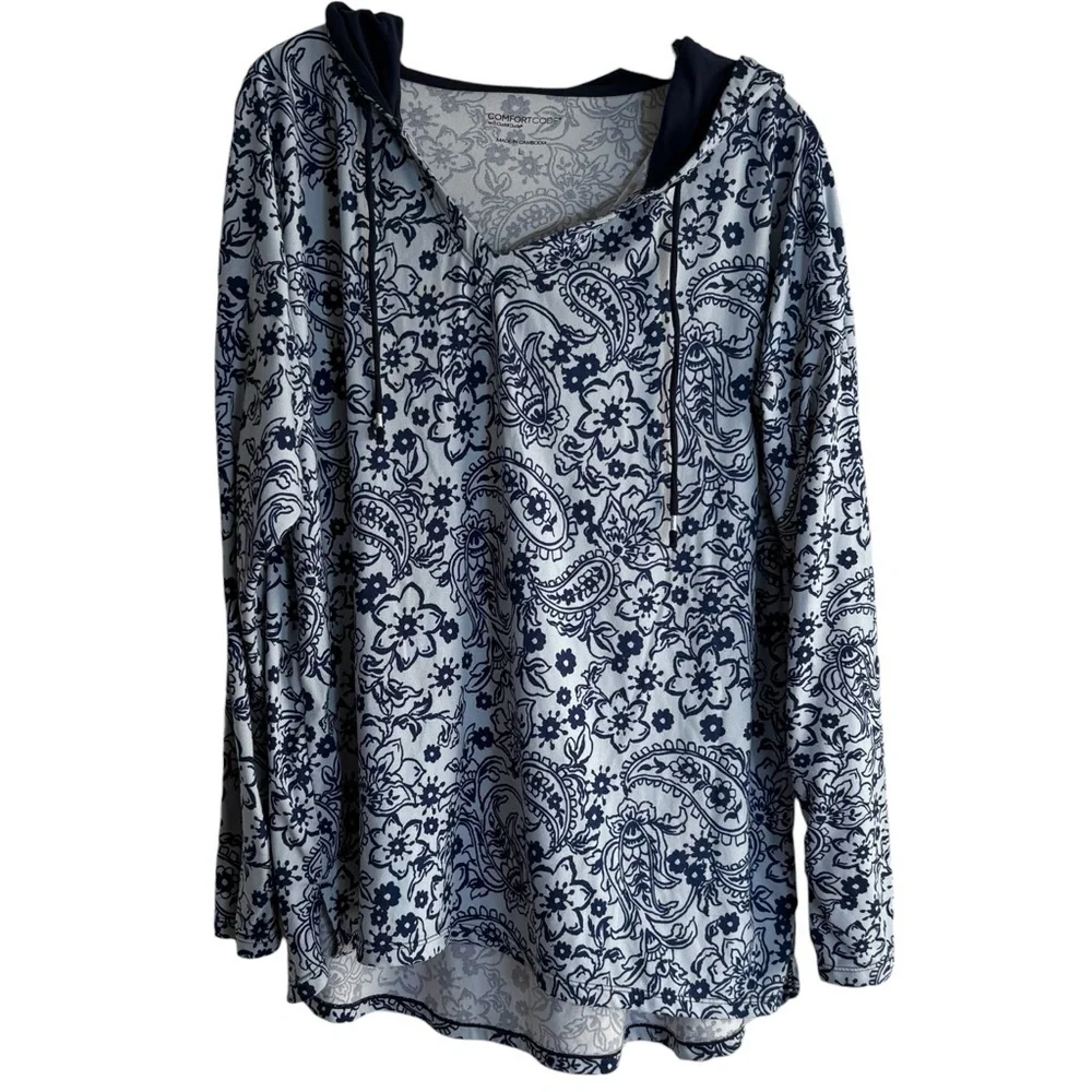 Comfort Code By CUDDL DUDS Pullover Floral Patterned Hoodie in Blues Size Large